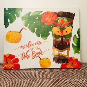 Welcome to The Tiki Bar Canvas Art Wall Decor Beachy Tropical Bright Floral